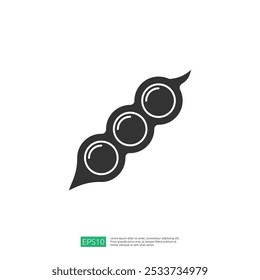 A simple black silhouette of a pea pod containing three peas, representing nature and food.