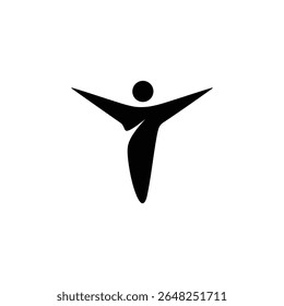 A simple black silhouette of a person with arms raised against a white background The style is minimalist and abstract The figure is depicted in a celebratory or uplifting pose