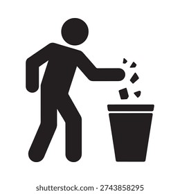 Simple black silhouette of a person discarding waste into a trash bin