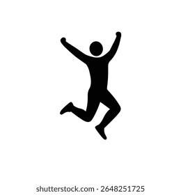 A simple black silhouette of a person jumping with arms raised against a white background The style is minimalist and vector based
