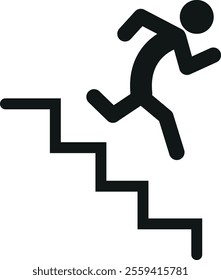 Simple black silhouette of a person running down a set of stairs, depicting active upward movement and progress. 