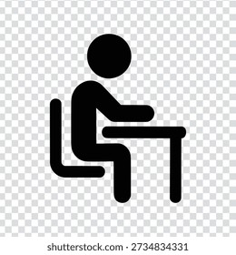 A simple black silhouette of a person sitting at a desk, commonly used as an icon or symbol for office work or education