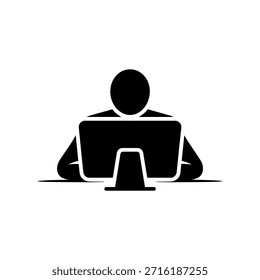Eine einfache schwarze Silhouette einer Person, die einen Desktop-Computer verwendet