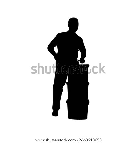 A simple, black silhouette of a person working with a stack of large barrels against a white background.