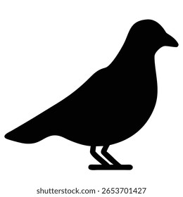Uma silhueta preta simples de um pombo é retratada em pé sobre suas pernas. O pássaro está virado para a direita com a cabeça ligeiramente virada, mostrando o seu perfil.