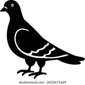 Uma silhueta simples e preta de um pombo, em pé na vista de perfil. O pássaro é retratado em um estilo limpo e minimalista, perfeito para logotipos, ícones ou ilustrações.
