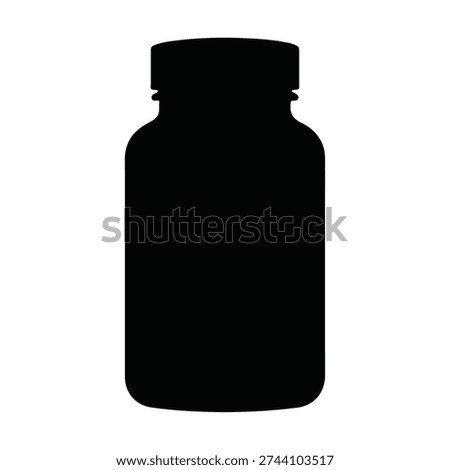 Simple black silhouette of a pill bottle with a cap, signifying medication, pharmaceuticals, and health remedies