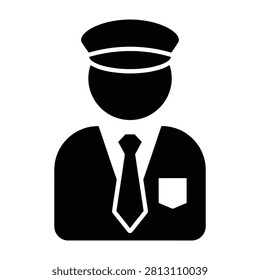 Simple black silhouette of a pilot or ship captain in uniform with hat and tie on white background