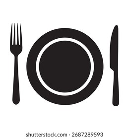 A simple black silhouette of a place setting, including a fork, a round plate with a rim, and a knife, all isolated on a clean white background, representing dining and mealtime essentials.