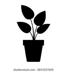 Simple black silhouette of a potted plant with five leaves, emphasizing natural growth and botanical aesthetics in a minimalistic style.