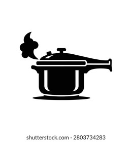 A simple black silhouette of a pressure cooker with steam escaping from the vent. Ideal for cooking and kitchen appliance concepts.
