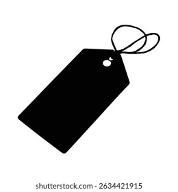 A simple, black silhouette of a price tag with a knotted string. The minimalist style is distinctive.