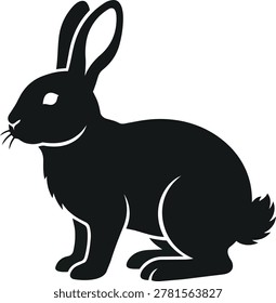 A simple black silhouette of a rabbit facing left with its ears up and tail visible.
