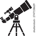 A simple black silhouette of a refracting telescope on a tripod stand