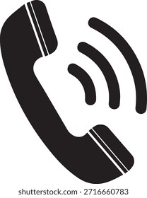 A simple black silhouette of a ringing telephone handset with sound waves representing communication and contact