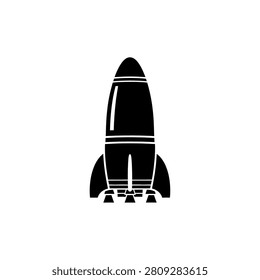A simple black silhouette of a rocket ship with fins and three exhaust nozzles.