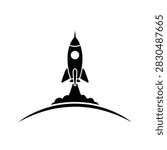 A simple black silhouette of a rocket taking off from a curved surface with smoke plumes.
