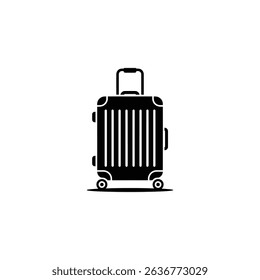 Simple black silhouette of a rolling suitcase against a white background. Features a handle, wheels, and a rectangular shape, ideal for travel illustrations and designs.