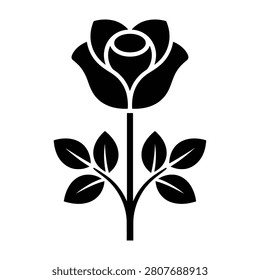 A simple black silhouette of a rose on a white background, perfect for designs and backgrounds