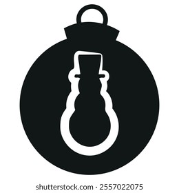 simple black silhouette of a round Christmas ball with a simple Christmas snowman icon, for a variety of designs	