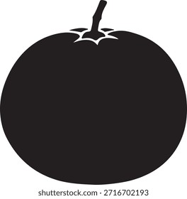 A simple black silhouette of a round fruit with a stem