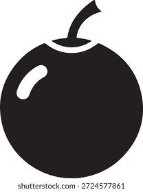 A simple black silhouette of a round fruit with a stem