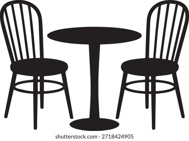 Una silueta negra simple de una mesa redonda y dos sillas