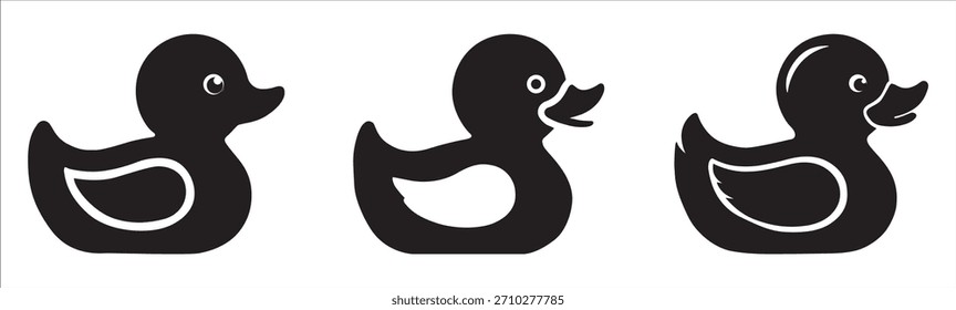 Una silueta negra simple de un pato de goma sobre un fondo blanco liso. El estilo minimalista destaca su forma icónica. Ilustración vectorial. lindo dibujo de contorno de pato de goma. 