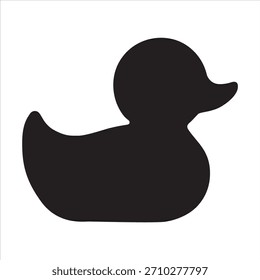 Eine einfache schwarze Silhouette einer Gummiente auf einfarbigem weißem Hintergrund. Der minimalistische Stil unterstreicht seine ikonische Form. Vektorgrafik. süße Gummi Ente Umrisszeichnung. 
