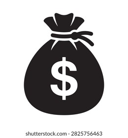 Simple black silhouette sack icon with dollar sign. Ideal for financial apps, corporate branding, and investment guides.