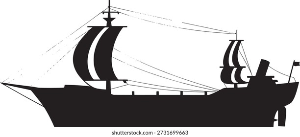 Silhueta preta simples de um navio à vela com vários mastros e velas em um fundo branco representando um navio marítimo tradicional.