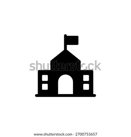 Simple black silhouette of a school building with a flag on top
A minimalist black icon representing a school or educational institution. Features a central arched entrance, operating system.