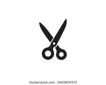 A simple black silhouette of scissors is centered on a clean white background. The scissors are open, with two blades angled upwards and two finger loops visible. The graphic is a flat design icon.