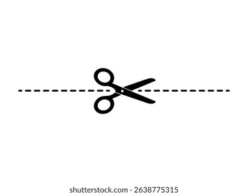 Simple black silhouette of scissors cutting a dashed line. Perfect for coupon, sale, or discount designs. Clean and minimalist vector illustration.