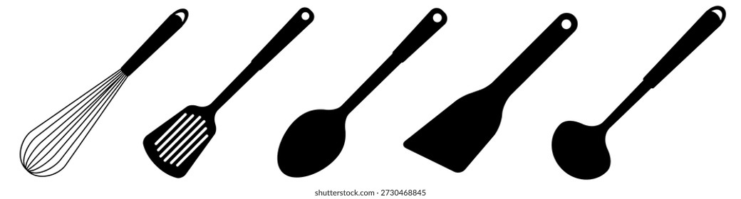 A simple black silhouette set of essential kitchen utensils including a whisk, spatula, spoon, and ladle. Flat vector illustration isolated on white background.