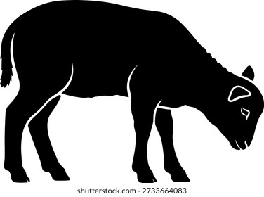 A simple black silhouette of a sheep with white outlines grazing, isolated on a white background. This illustration represents farm animals and nature.
