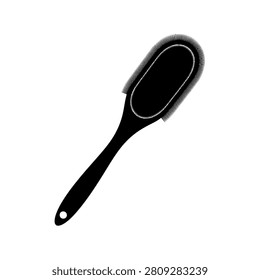 A simple black silhouette of a shoe brush with a long handle and an oval brush head, isolated on a plain white background.