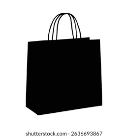 A simple, black silhouette of a shopping bag, featuring a distinctive minimalist style.