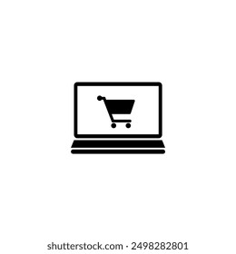 A simple black silhouette of a shopping cart on a computer screen, representing the concept of online shopping, e-commerce, and digital purchasing
