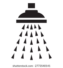 A simple black silhouette of a shower head with multiple water droplets falling from it, depicted in a minimalist style on a clean white background