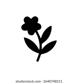 Simple black silhouette of a single flower with leaves, minimalist botanical illustration.