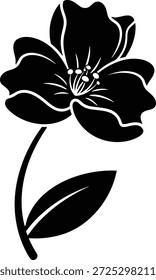 Uma silhueta preta simples de uma única flor com um caule e uma folha, apresentada contra um fundo branco.
