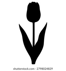 Simple black silhouette of a single tulip flower isolated on a white background showing elegant stem and pointed green leaves
