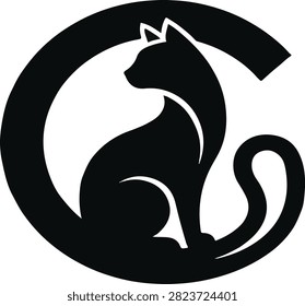 Simple black silhouette of sitting cat inside a circular outline