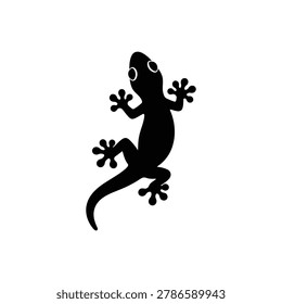 Simple Black Silhouette of a Small Gecko Lizard Climbing Upwards on a White Background