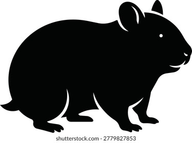 A simple black silhouette of a small hamster with large ears and a round body, depicted in a side profile.