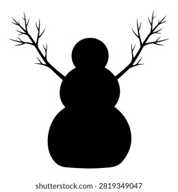 Simple black silhouette of a snowman with leafless tree branches extending from its sides, set against a white background, emphasizing minimalism and winter themes.