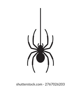 A simple black silhouette of a spider hanging from a single thread