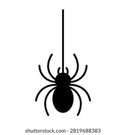 Simple black silhouette of a spider hanging from a vertical thread. Minimalist icon design suitable for Halloween themes, arachnophobia concepts, or web-related signage.