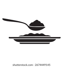 Eine einfache schwarze Silhouette eines Löffels, der eine Portion Essen auf einem Teller mit Essen hält, präsentiert in einem sauberen Silhouettenstil.